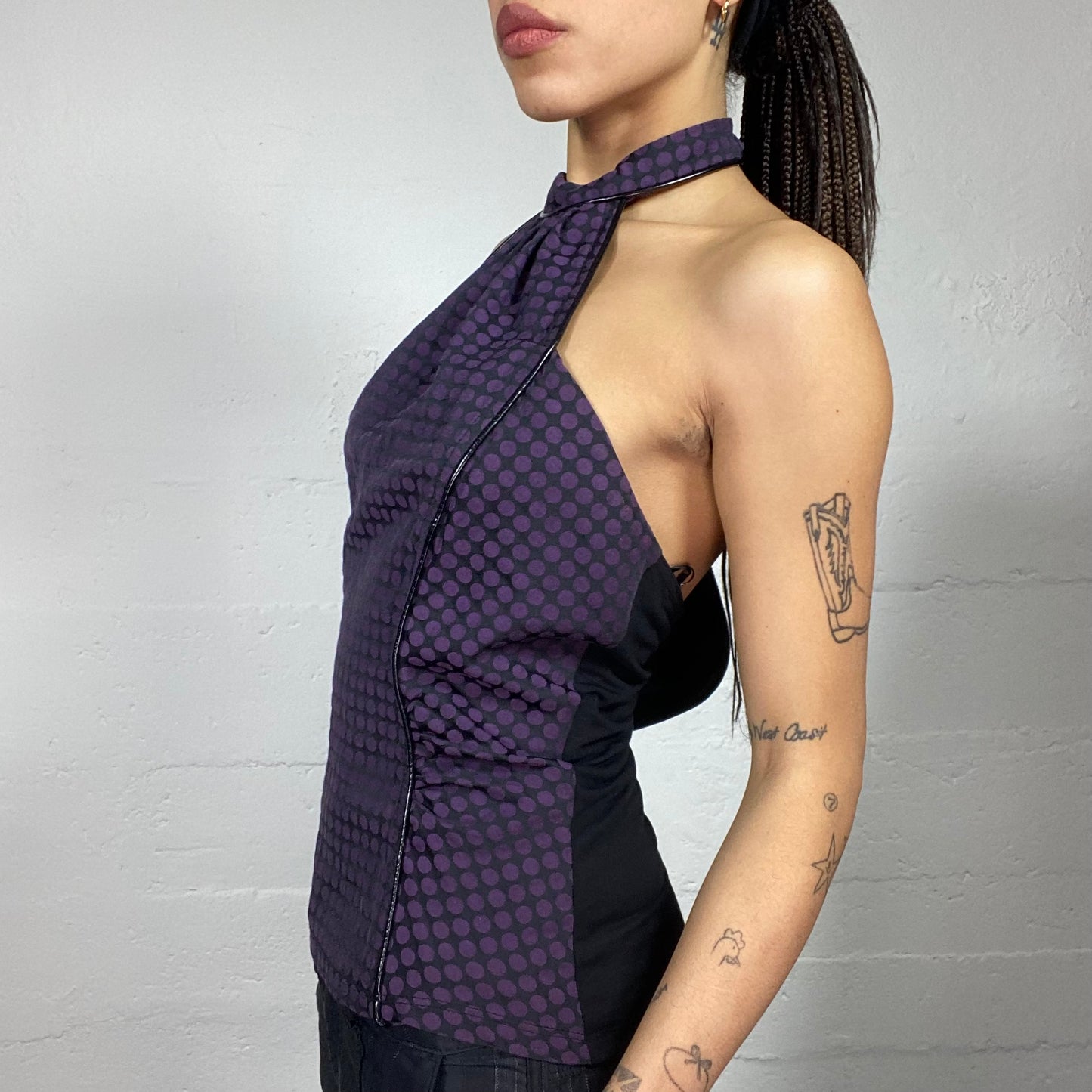 Vintage 2000's Morgan Clubwear Purple Neckholder Top with Dotted Print (S)