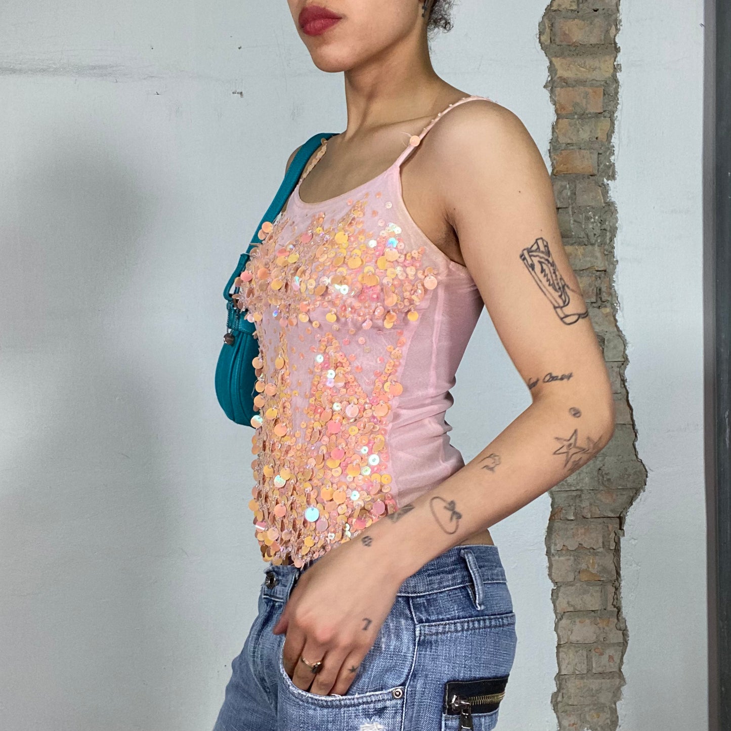 Vintage 2000's Festval Pink Mesh and Sequin Top (S)