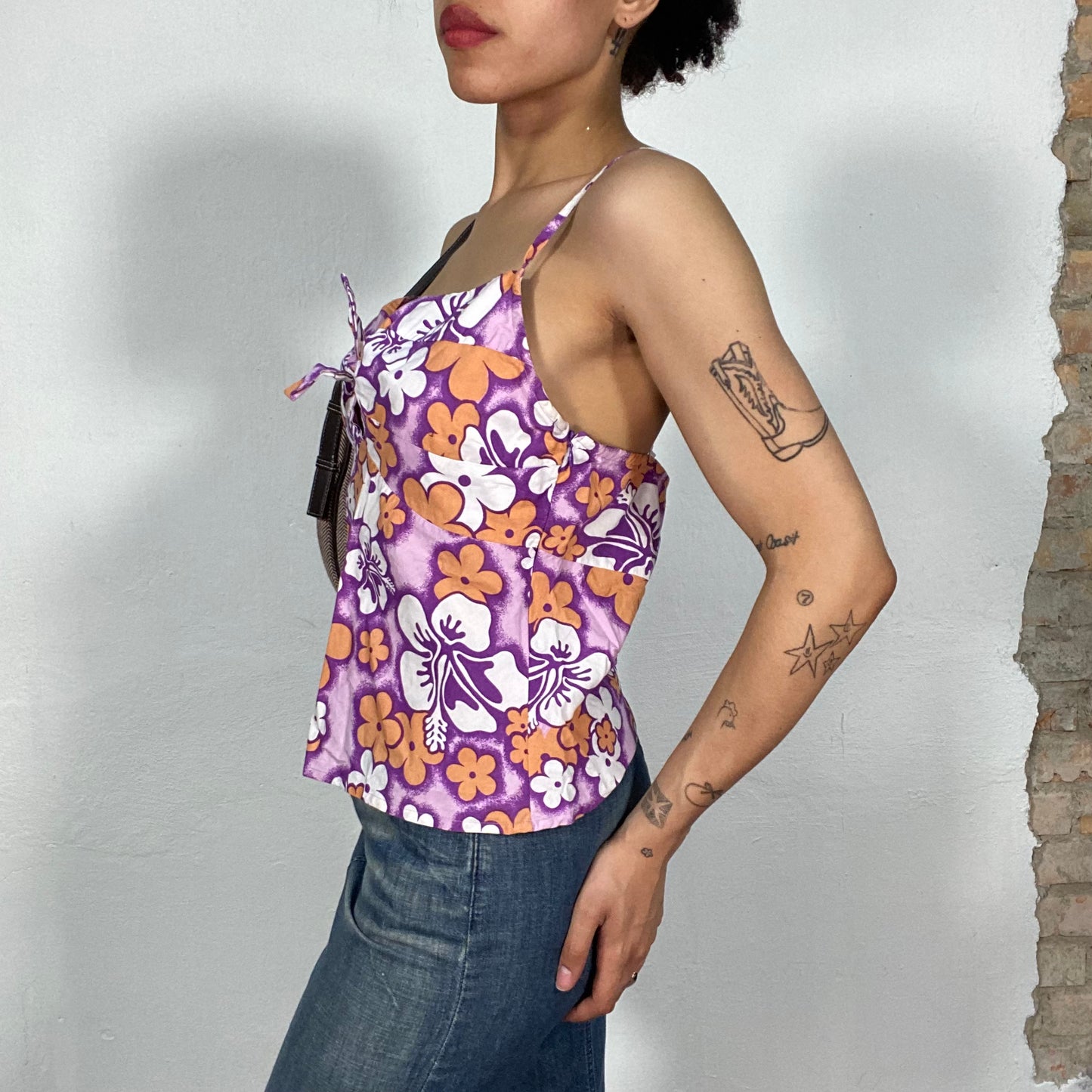 Vintage 2000's Summer Purple and Orange Hibiscus Print Top with Bow Detail (S)