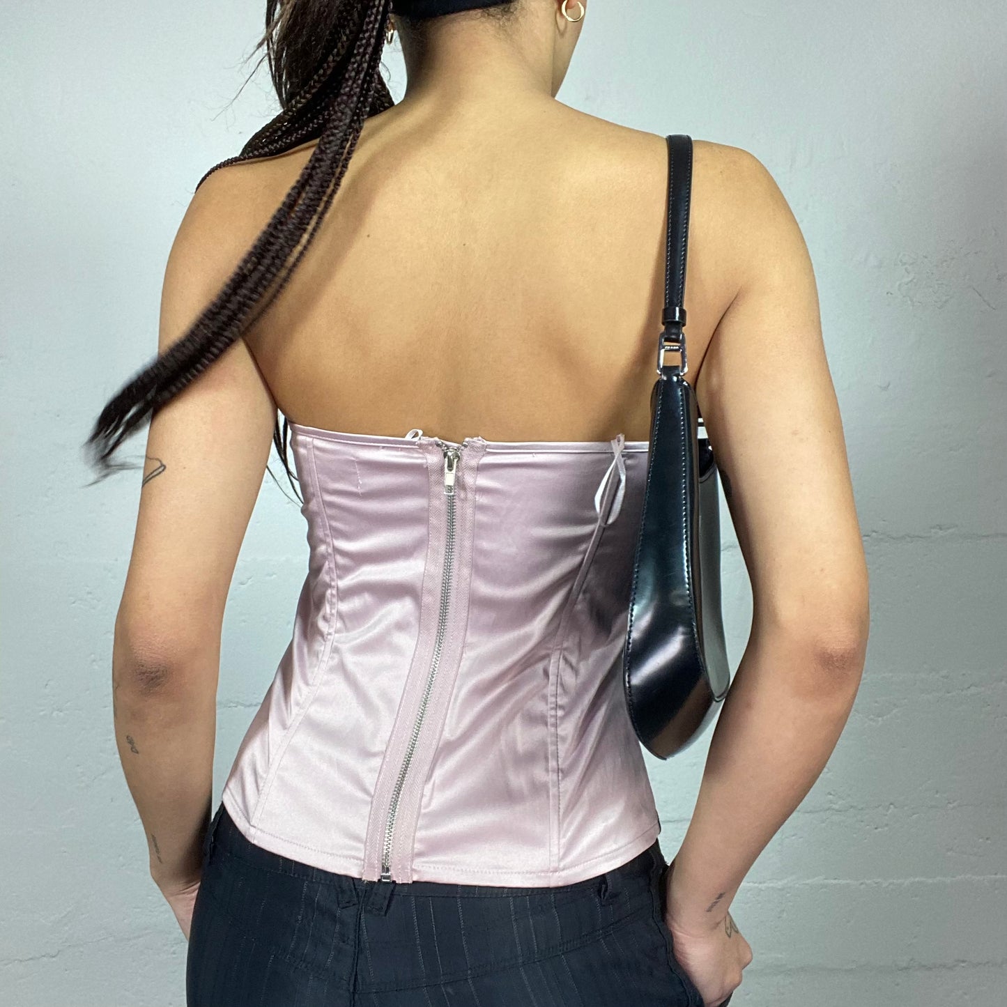 Vintage 2000's Romantic Pink Strapless Bustier Top with Black Floral Lace Covering Material (S)