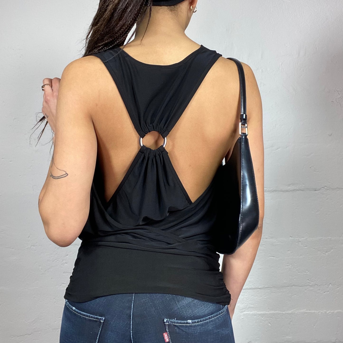 Vintage 2000's Clubwear Black Drapped Neckline Top with Ringed Open Back Detail (M)