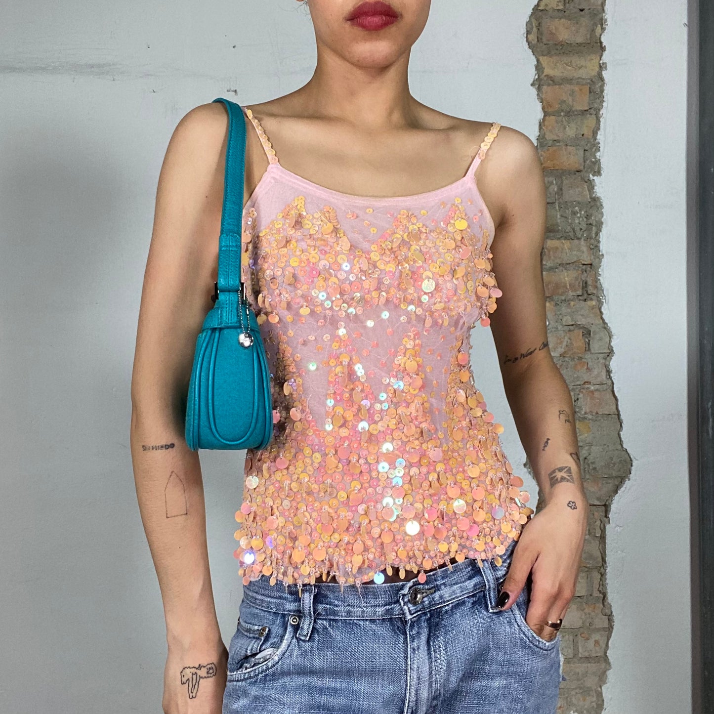 Vintage 2000's Festval Pink Mesh and Sequin Top (S)