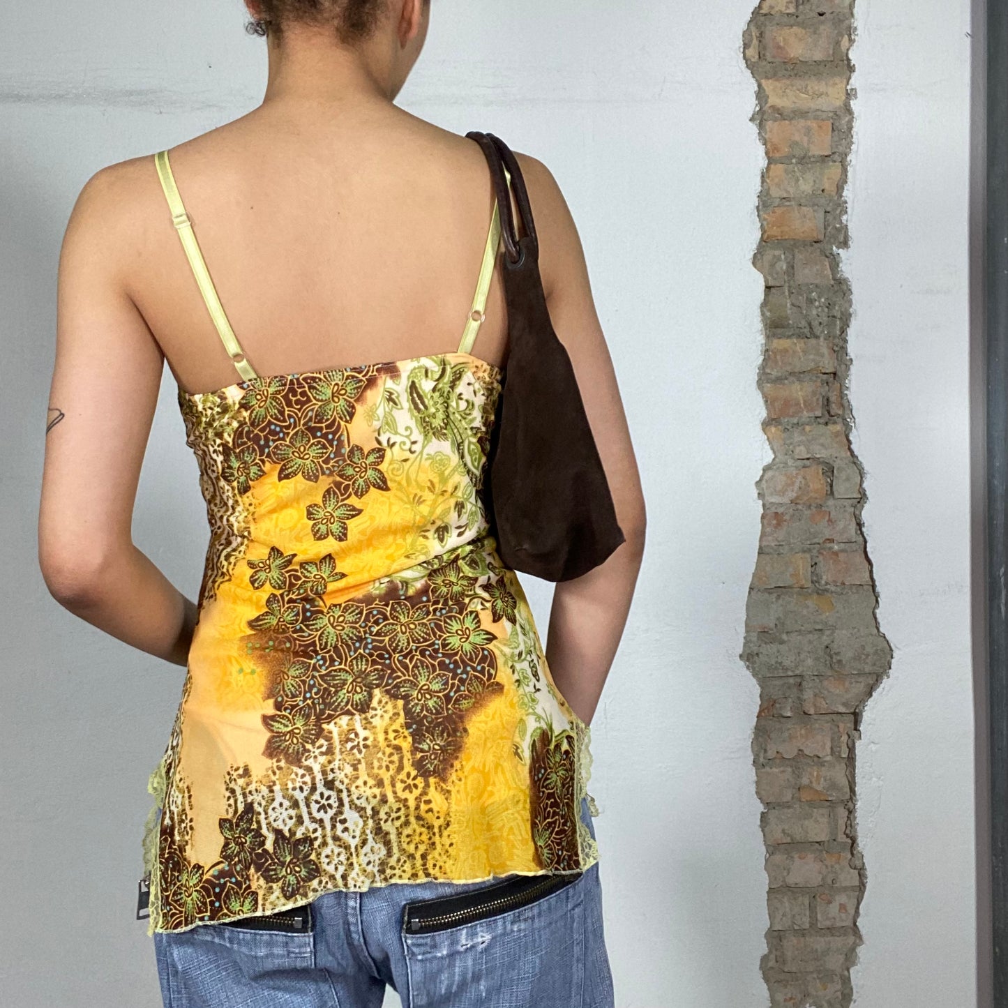 Vintage 2000's Indie Yellow Mandala Print Top with Lace Trim (S/M)