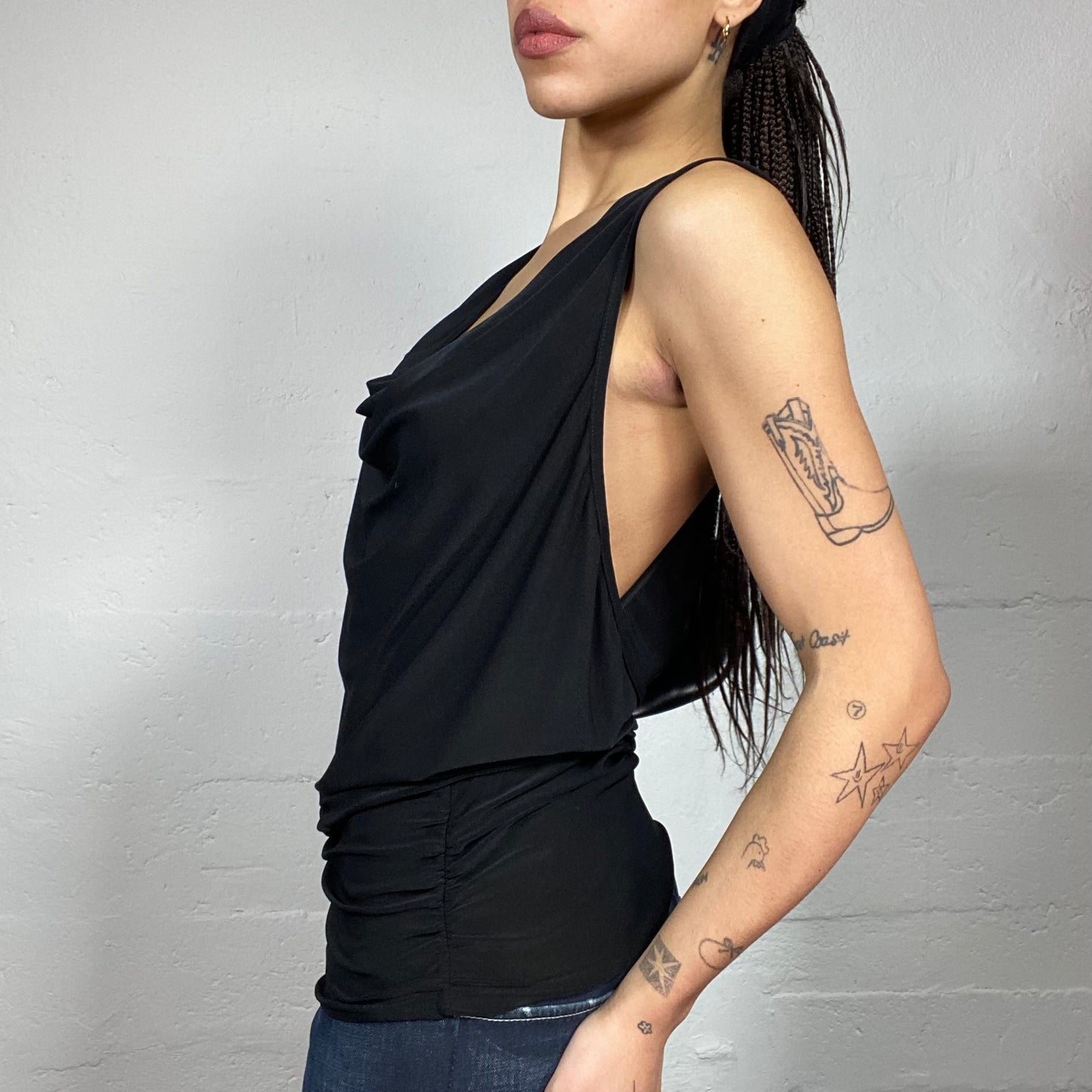 Vintage 2000's Clubwear Black Drapped Neckline Top with Ringed Open Back Detail (M)