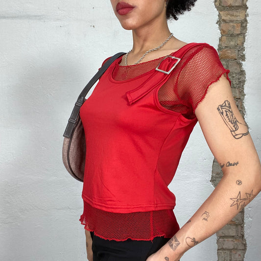 Vintage 2000's Sporty Red Top with Fishnet and Buckle Detail On the Side (S)h