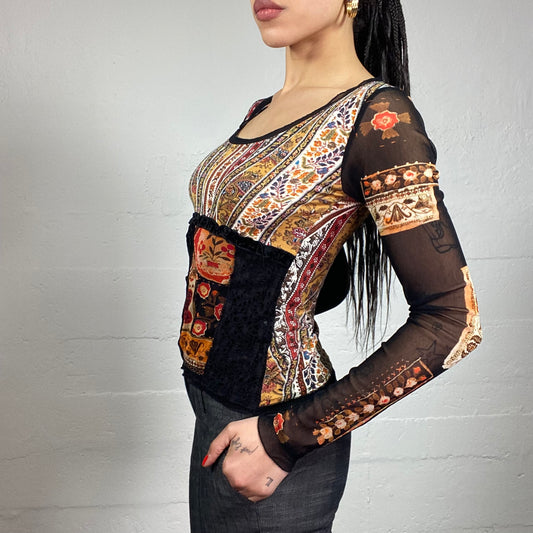 Vintage 90's Phebe Buffay Black Mesh Longlseeve Top with Patched Baroque & Floral Print (S/M)