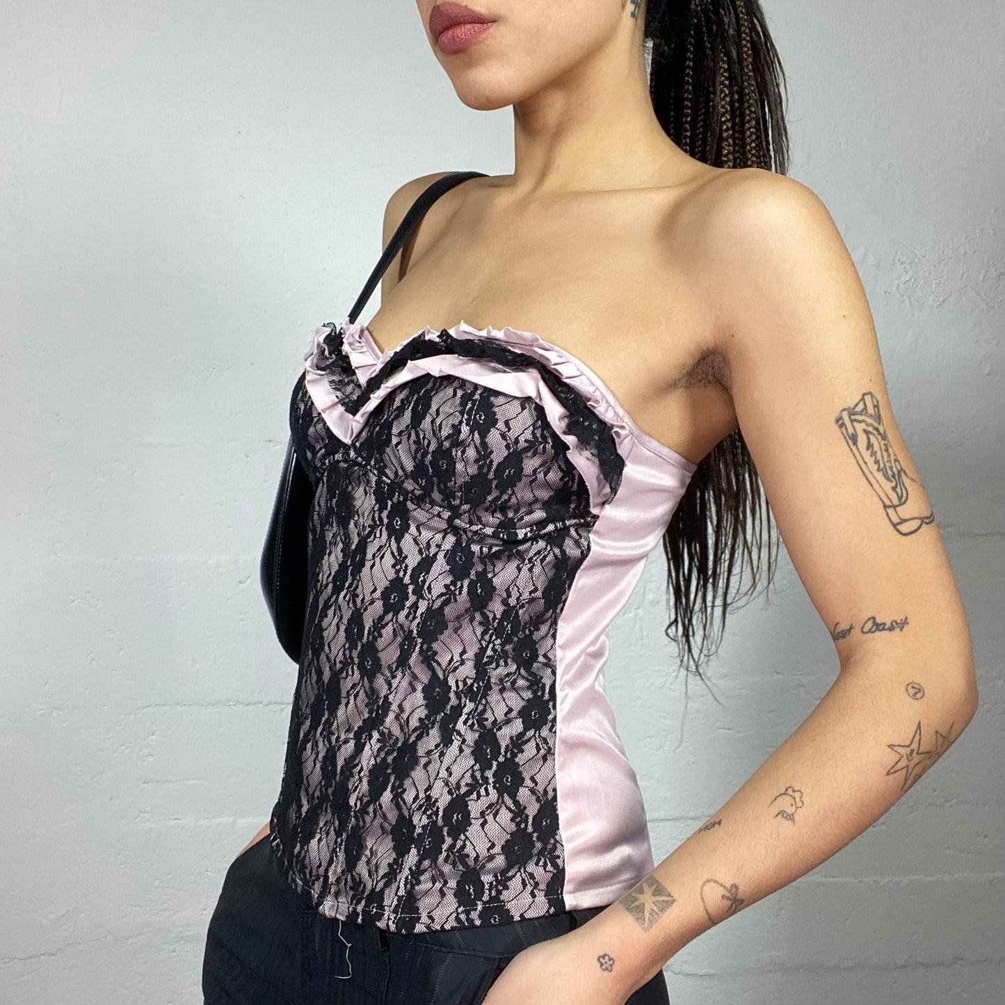 Vintage 2000's Romantic Pink Strapless Bustier Top with Black Floral Lace Covering Material (S)