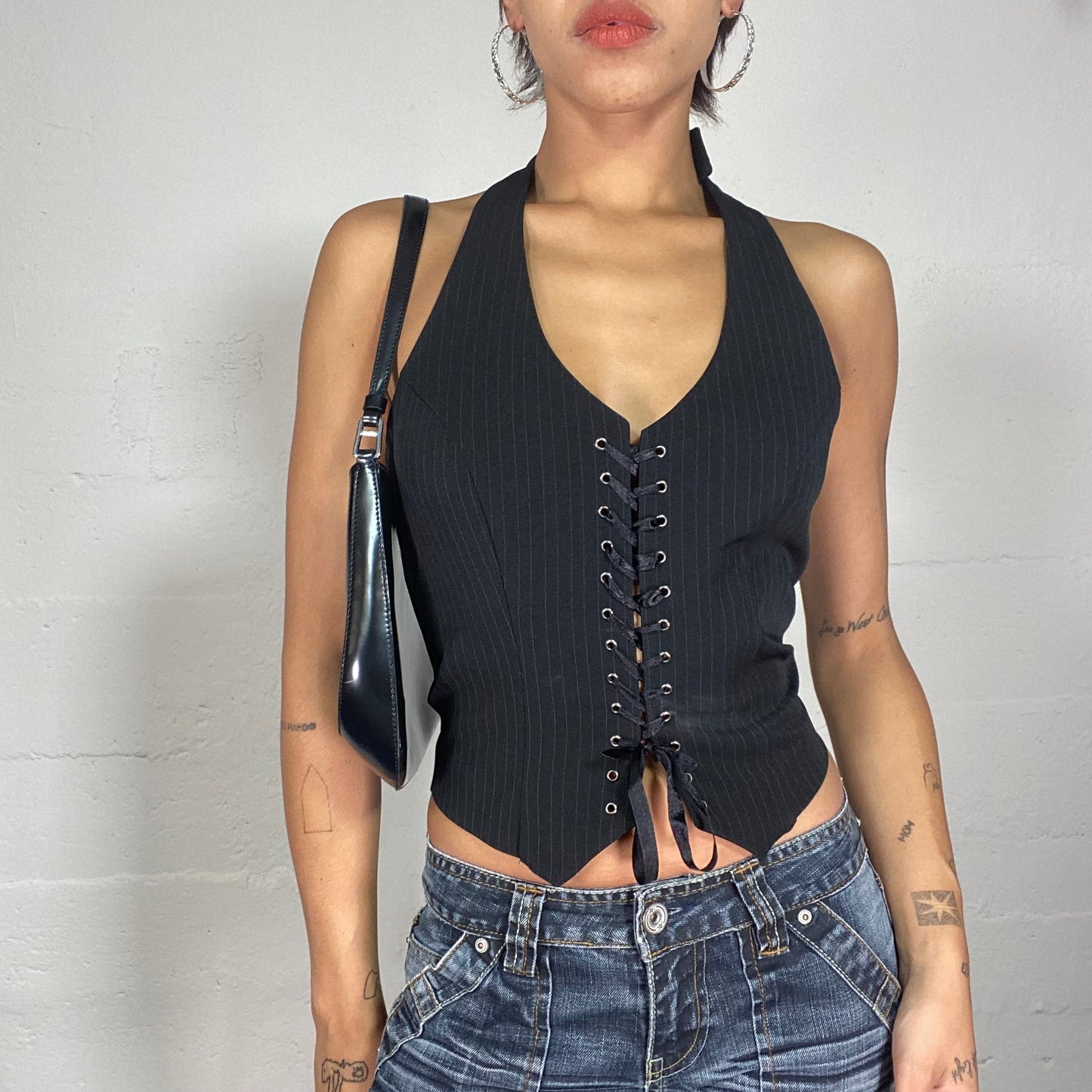 Vintage 90's Bella Hadid Black Vest Top with Lace Up and Pinestripes Detail (XS)