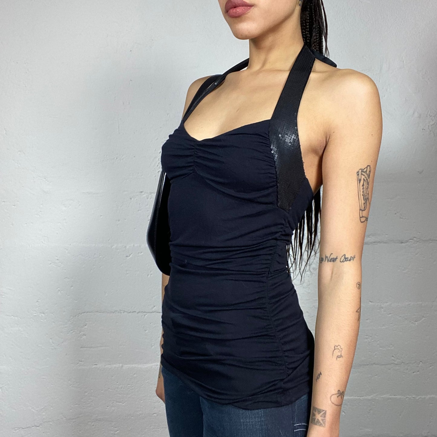 Vintage 2000's Morgan Clubwear Black Top with Sequin Neckholder Tie Up Detail (S)