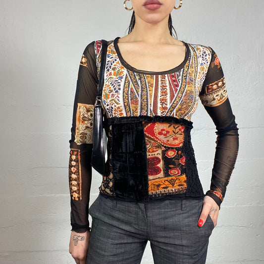 Vintage 90's Phebe Buffay Black Mesh Longlseeve Top with Patched Baroque & Floral Print (S/M)