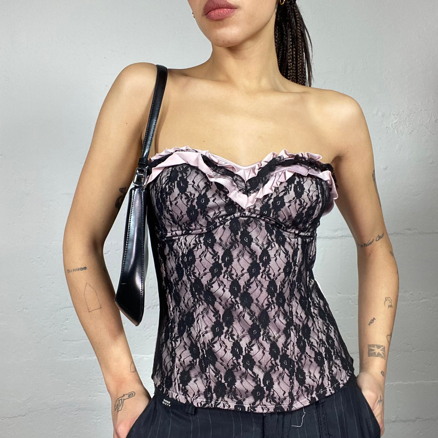 Vintage 2000's Romantic Pink Strapless Bustier Top with Black Floral Lace Covering Material (S)