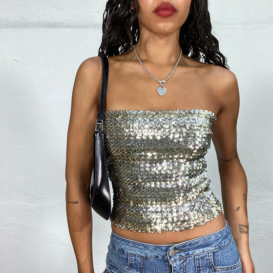 Vintage 2000's Clubwear Silver Bandeau Top with Sequins (S)