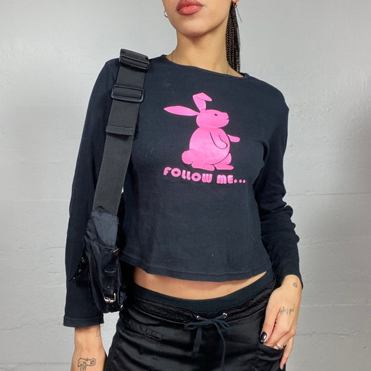 Vintage 2000's Alice in Wonderland Black Longsleeve Top with Pink Rabbit "Follow Me..." Print (S)
