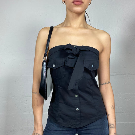 Vintage 2000's Clubwear Black Strapless Button Up Shirt Top with Neckline Tie Up Detail (S)