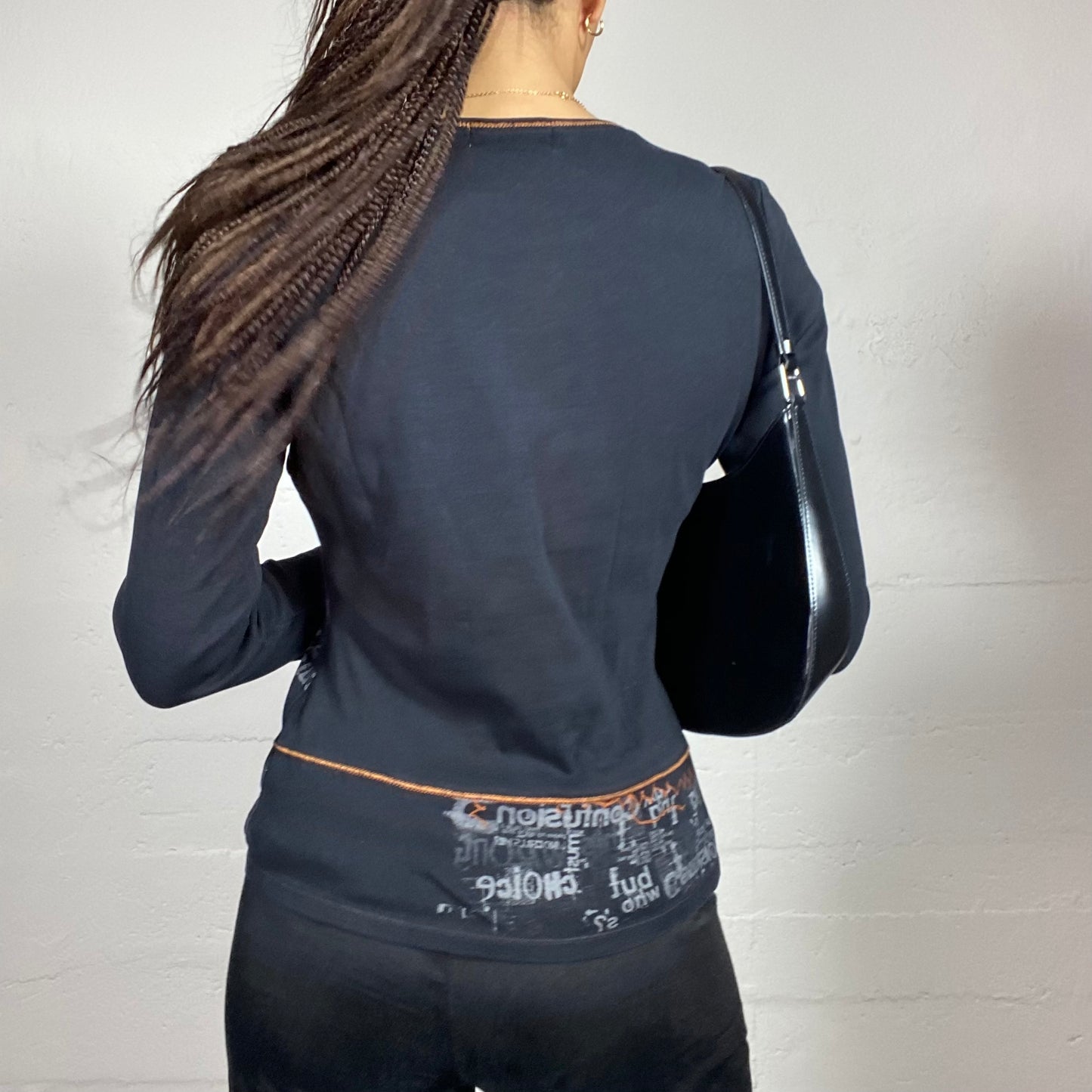Vintage 2000's Batik Black Longsleeve Top with Orange and Grey Typography Print (M)