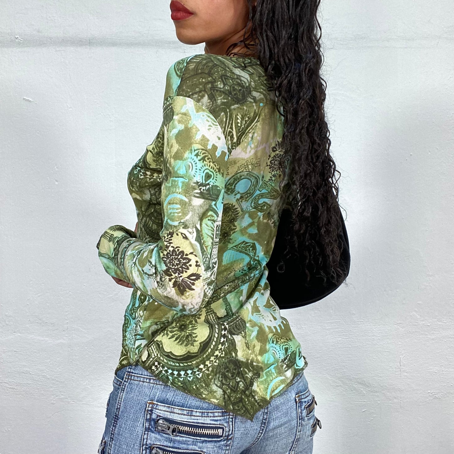 Vintage 2000's Hippie Girl Green Crossed Longsleeve Top with Mandala Print and Buckle Detail (M)