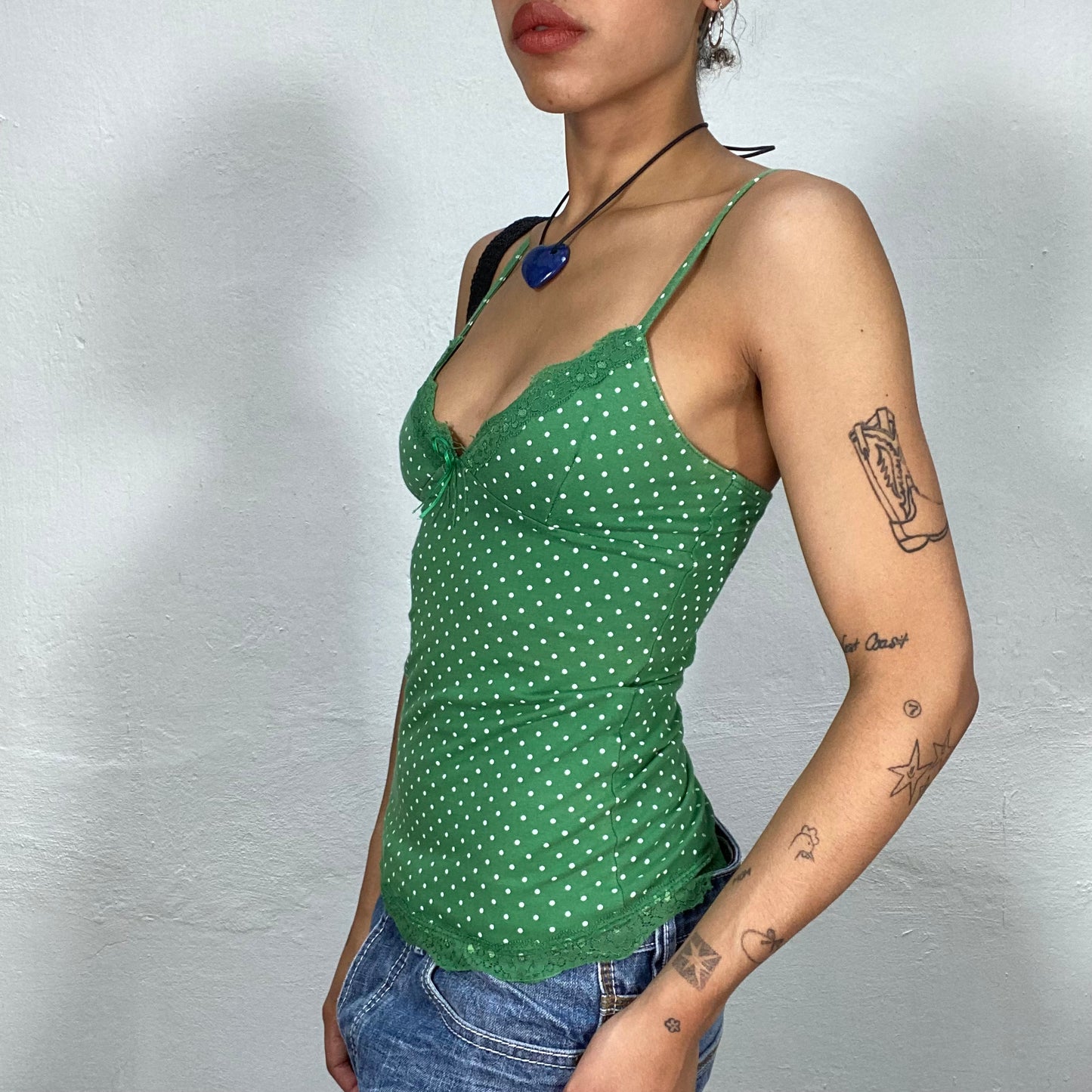 Vintage 2000's Downtown Girl Green Cami Top with White Polka Dots (S)