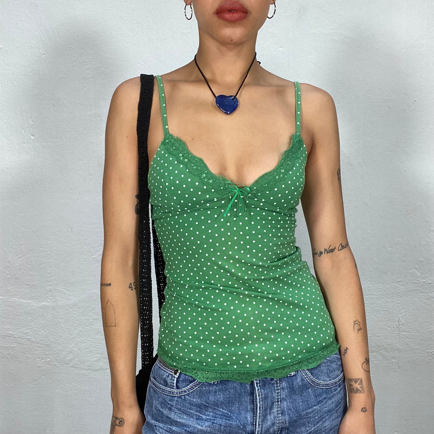 Vintage 2000's Downtown Girl Green Cami Top with White Polka Dots (S)