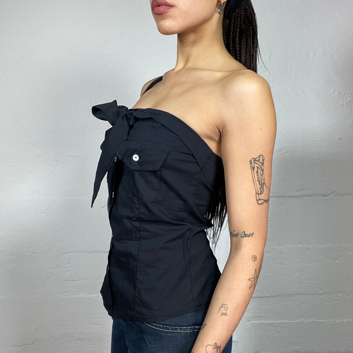 Vintage 2000's Clubwear Black Strapless Button Up Shirt Top with Neckline Tie Up Detail (S)