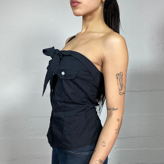 Vintage 2000's Clubwear Black Strapless Button Up Shirt Top with Neckline Tie Up Detail (S)