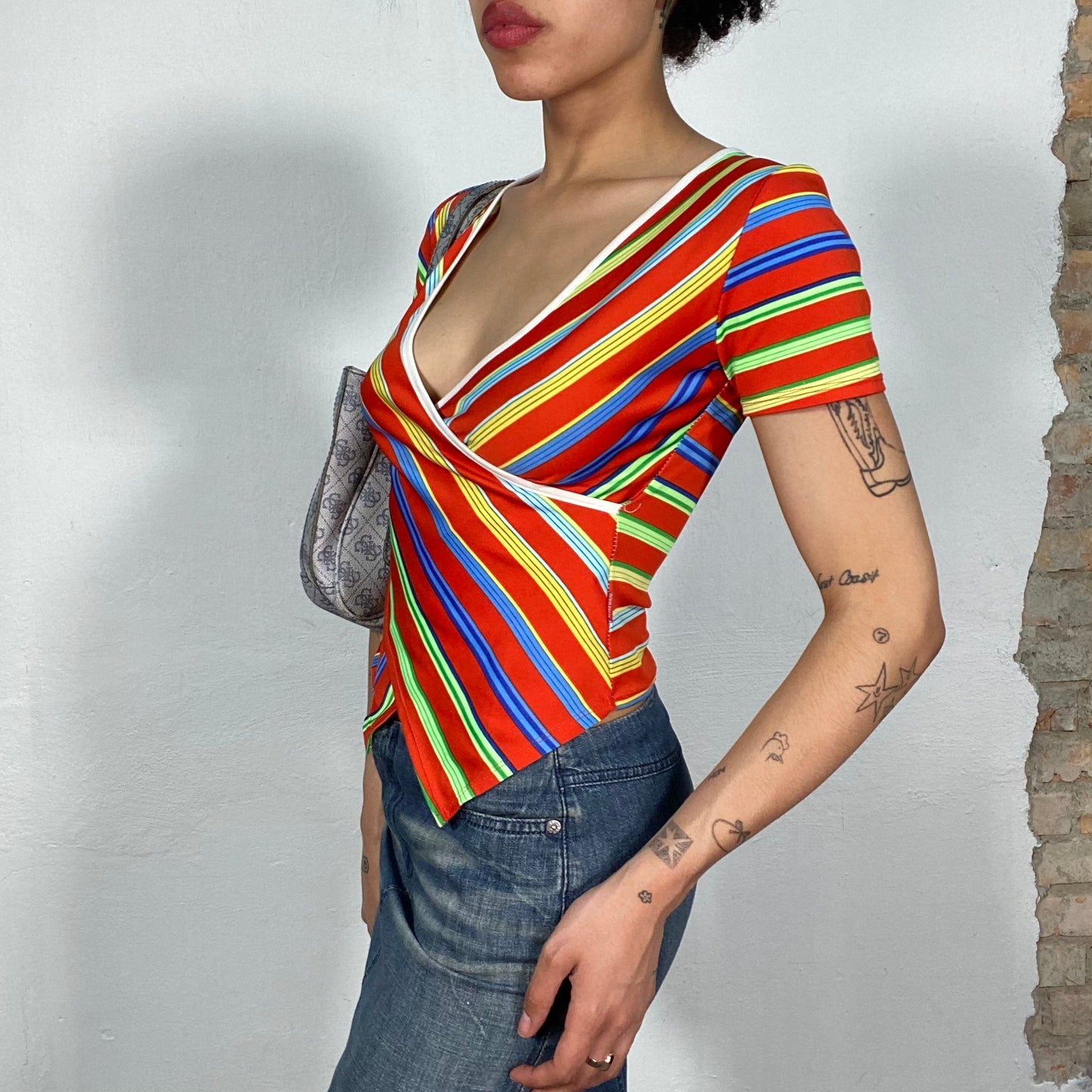 Vintage 90's Funky Red Blue and Yellow Striped V-Neck Shirt (S)