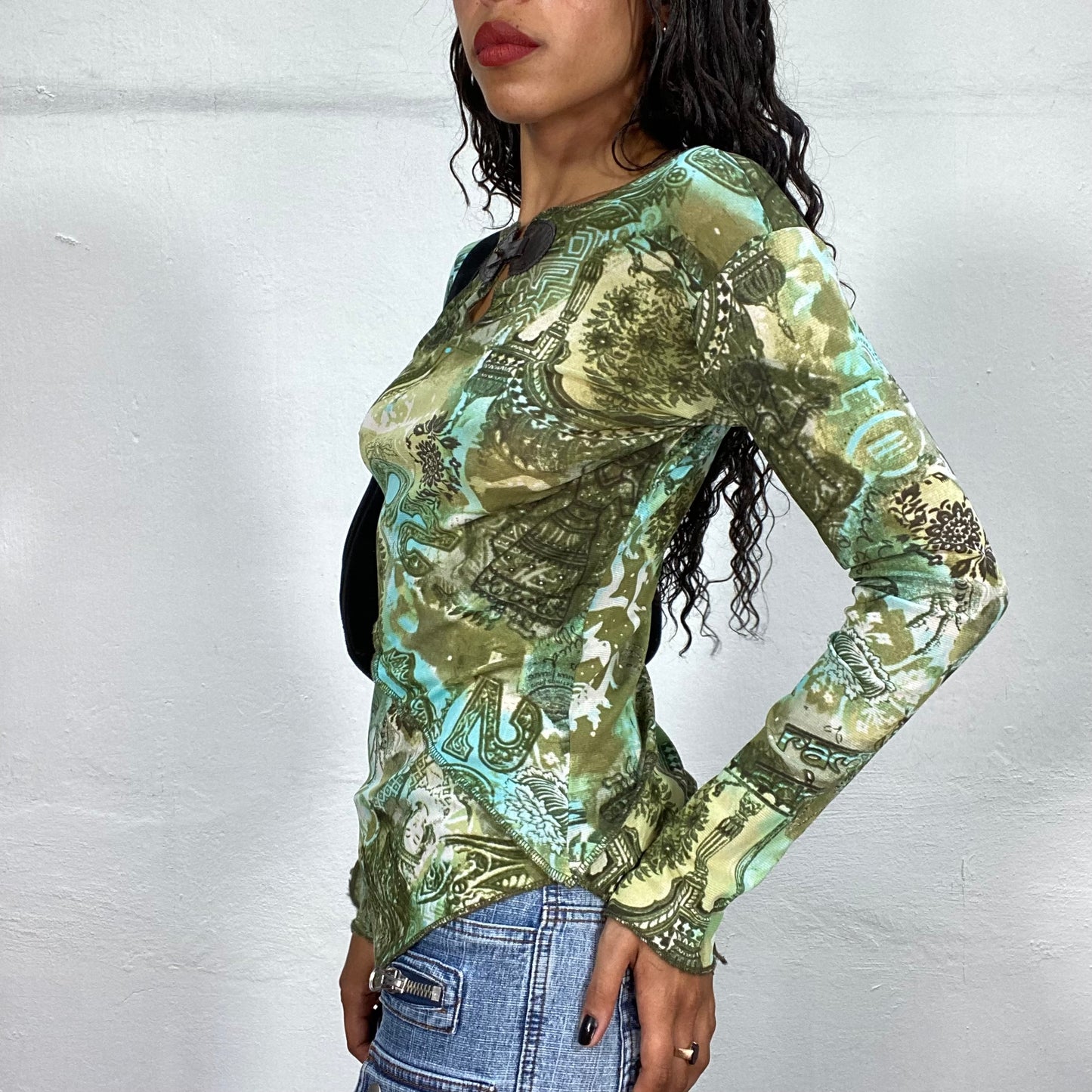 Vintage 2000's Hippie Girl Green Crossed Longsleeve Top with Mandala Print and Buckle Detail (M)