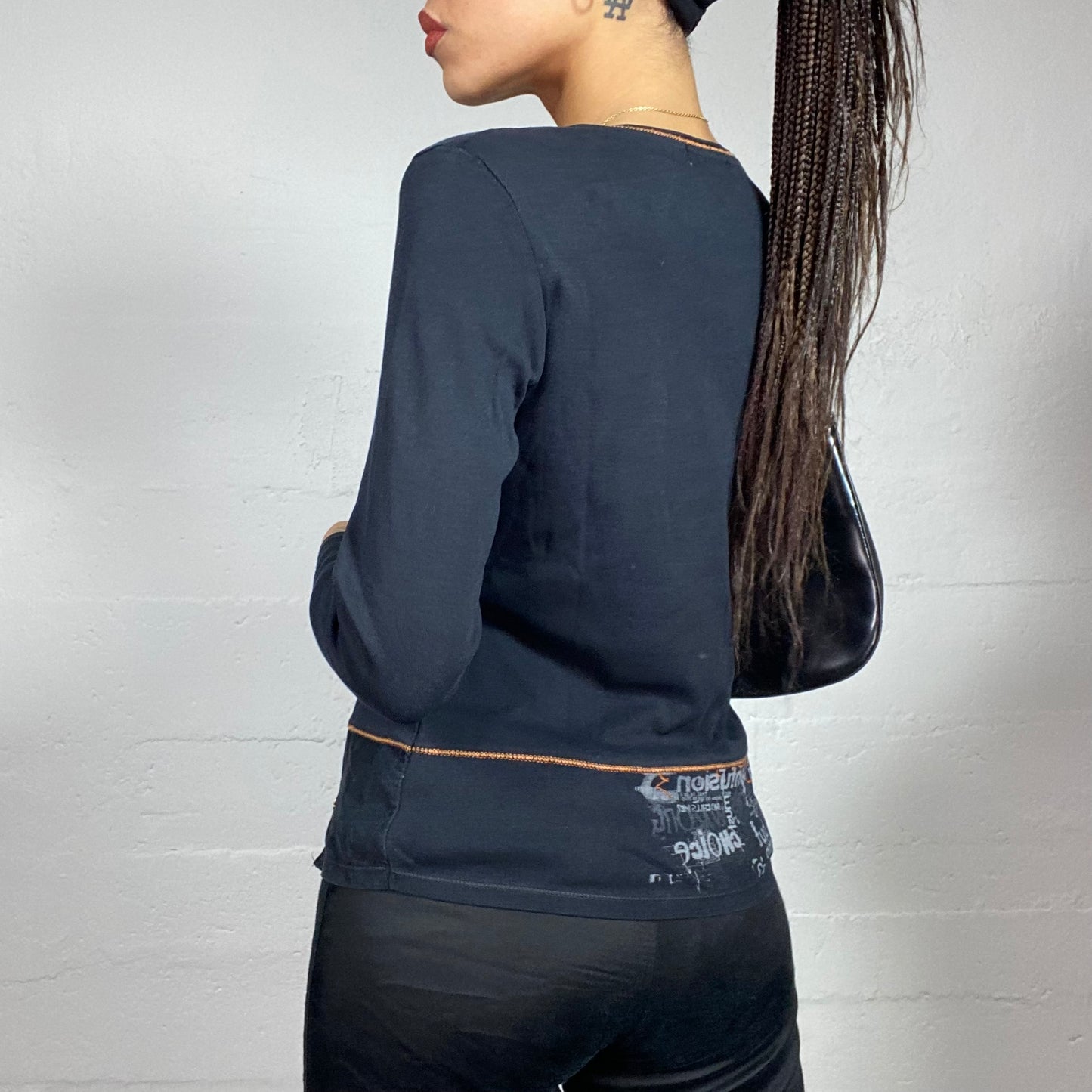 Vintage 2000's Batik Black Longsleeve Top with Orange and Grey Typography Print (M)