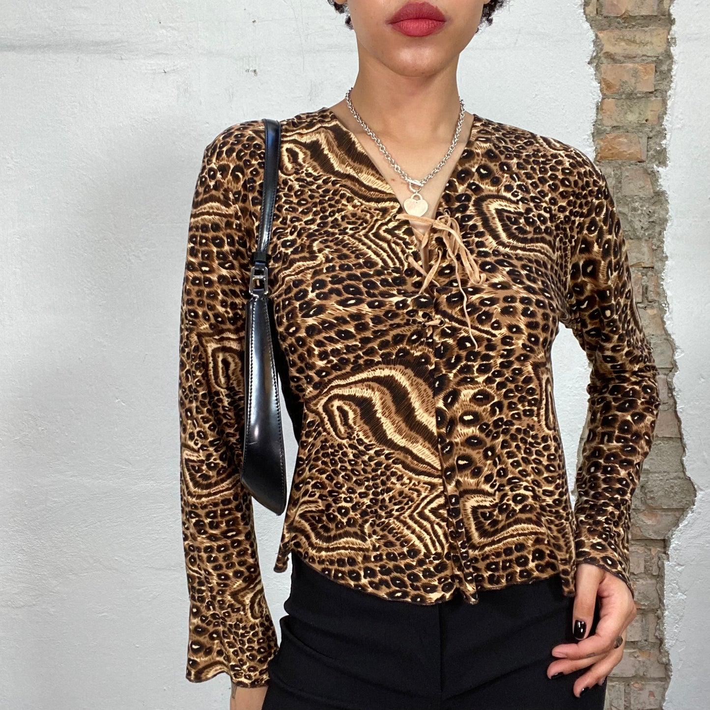 Vintage 2000's Western Brown Animal Print Flared Longsleeve Top with Tie in The Front Detail (S)