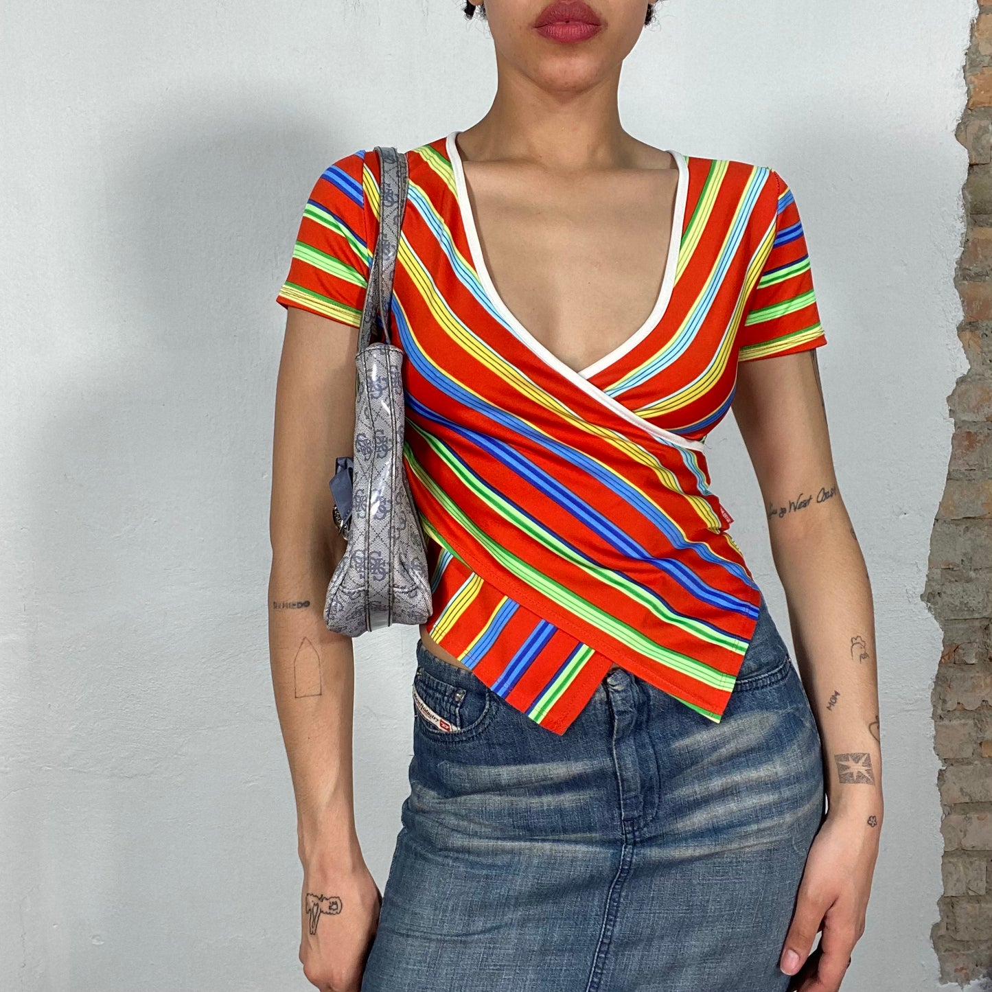 Vintage 90's Funky Red Blue and Yellow Striped V-Neck Shirt (S)