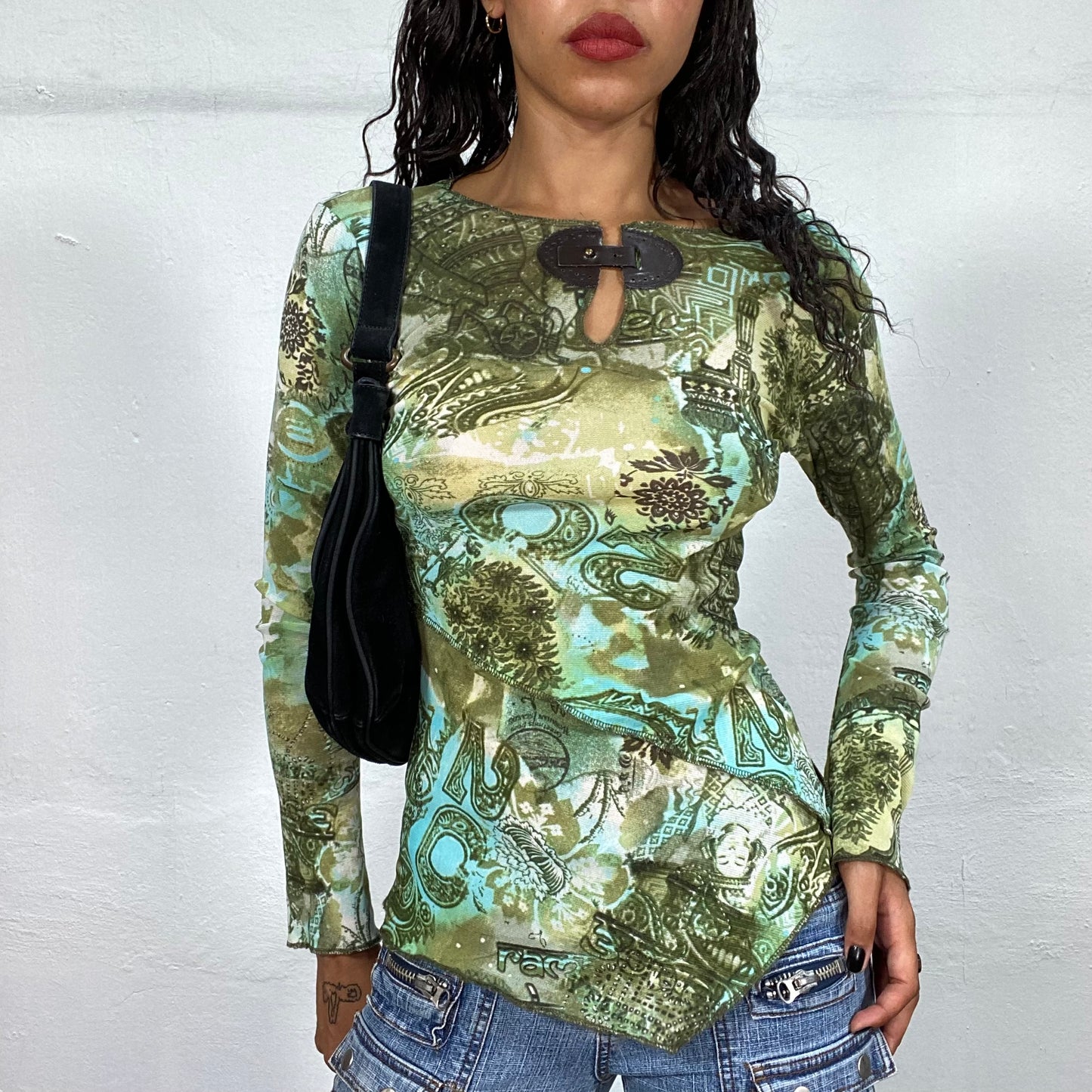 Vintage 2000's Hippie Girl Green Crossed Longsleeve Top with Mandala Print and Buckle Detail (M)