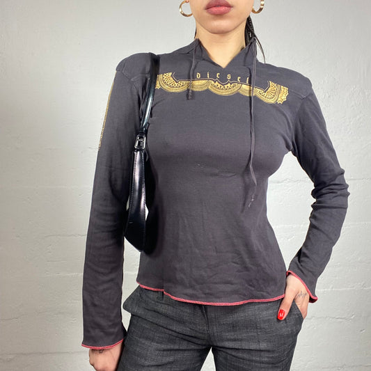 Vintage 2000's Diesel Downtown Girl Washed Out Black Longsleeve Top with Ethnic Print Trim Detail (M)