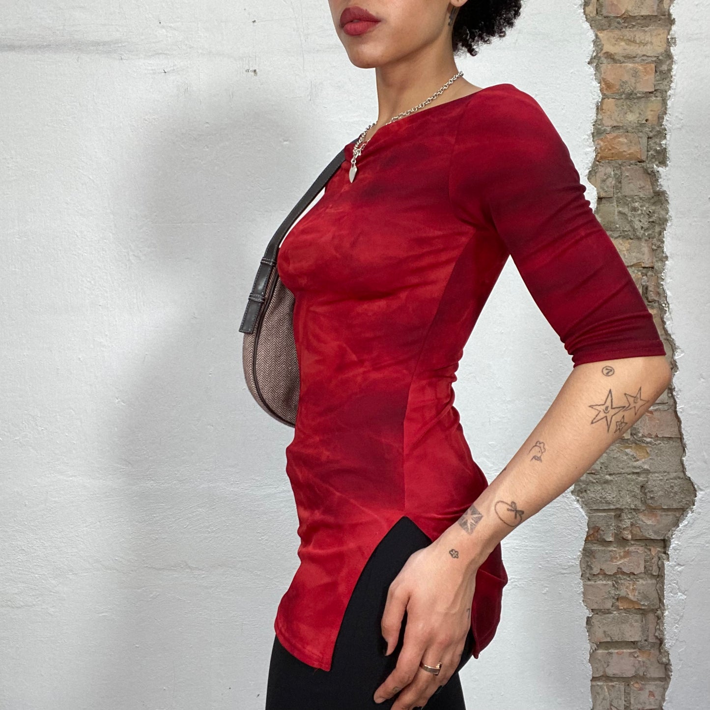 Vintage 2000's Indie Asymmetric Dark Red Longleeve Top with Boat Neckline (S)