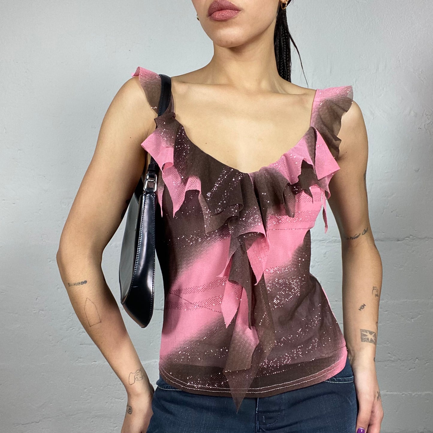 Vintage 90's Janice Pink & Brown Ombré Top with Glitter and Frilled Collar Detail (S)