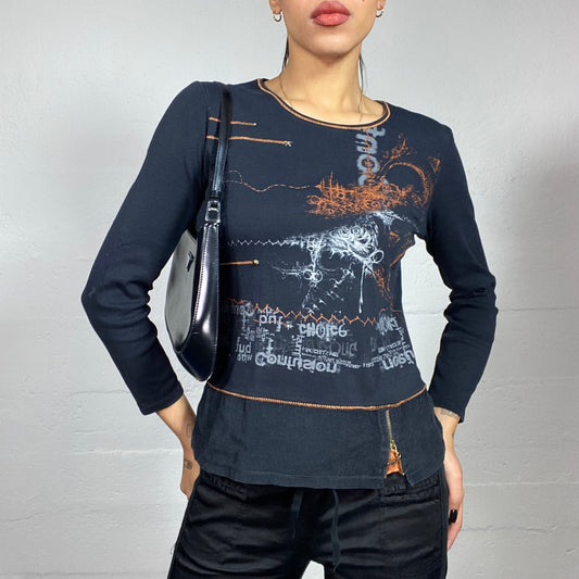 Vintage 2000's Batik Black Longsleeve Top with Orange and Grey Typography Print (M)