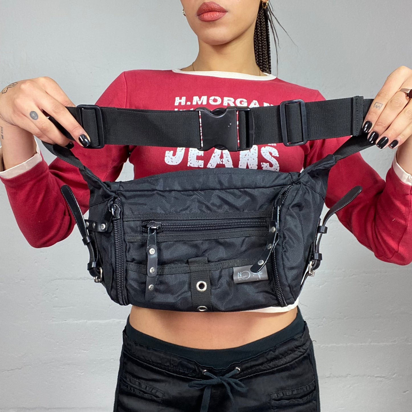 Vintage 2000's Rave Black Nylon Shoulder Bag with Studs Detail