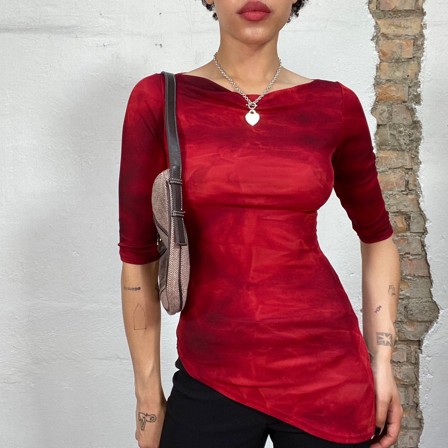 Vintage 2000's Indie Asymmetric Dark Red Longleeve Top with Boat Neckline (S)