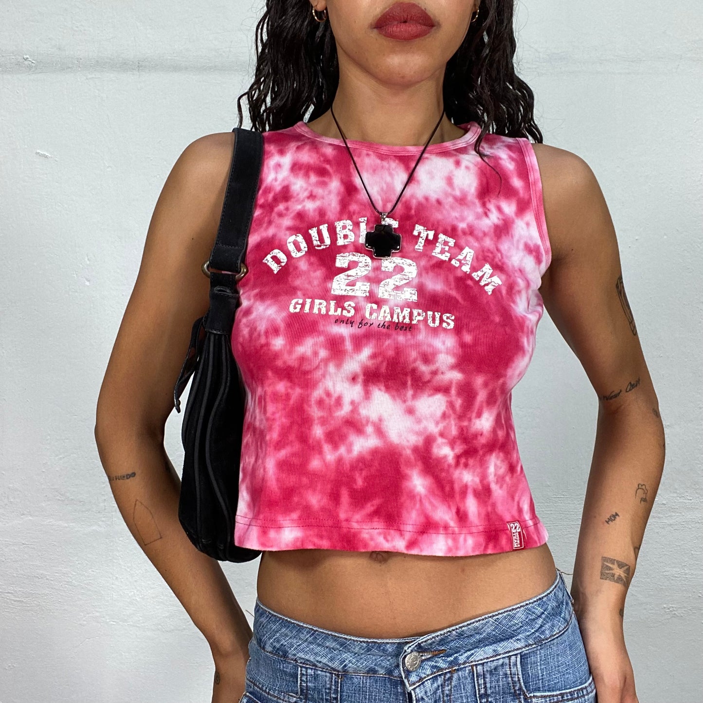 Vintage 2000's Sporty Pink Tank Top with Tie Dye and "Double Team 22" Print (S)