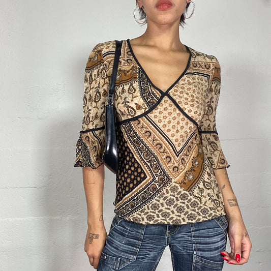 Vintage 90's Boho Brown Blouse Top with Mixed Paisley Print (S)