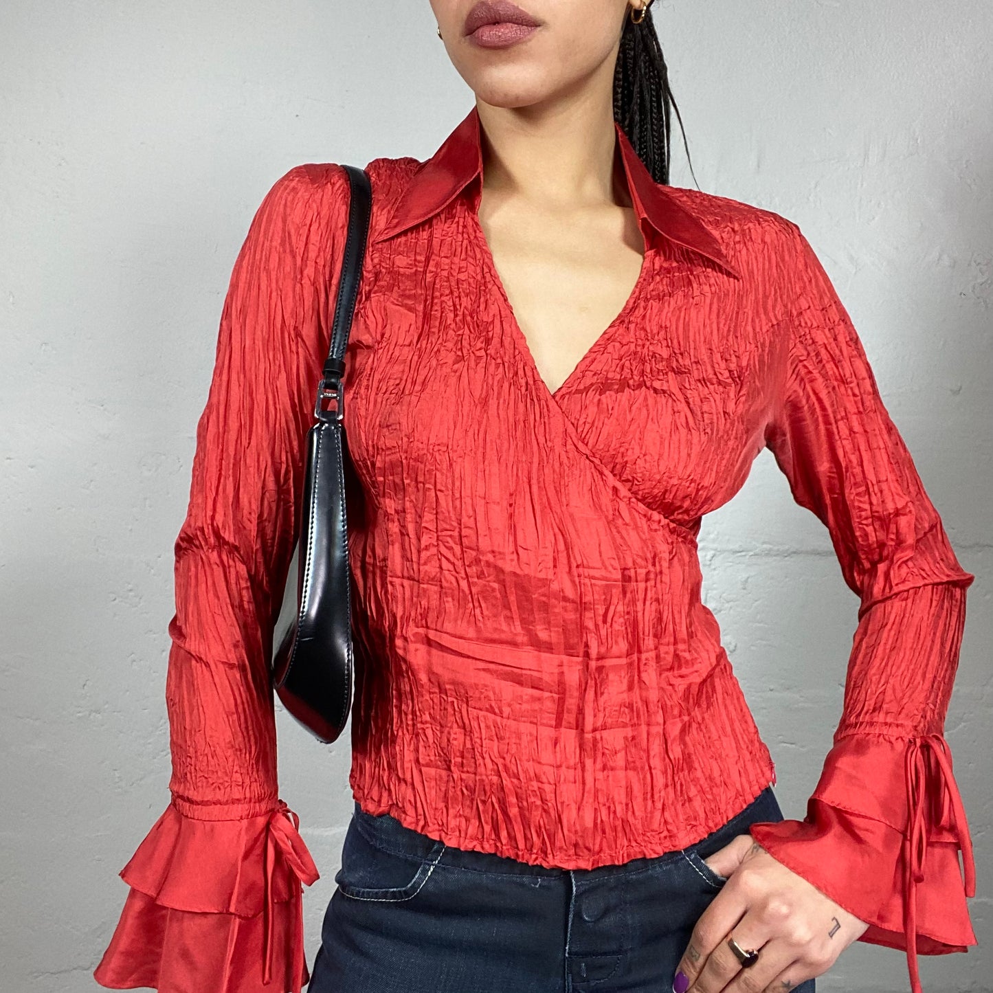 Vintage 90's Romantic Girl Red Wrapped Longsleeve Shirt with Textured Satin Material (M)