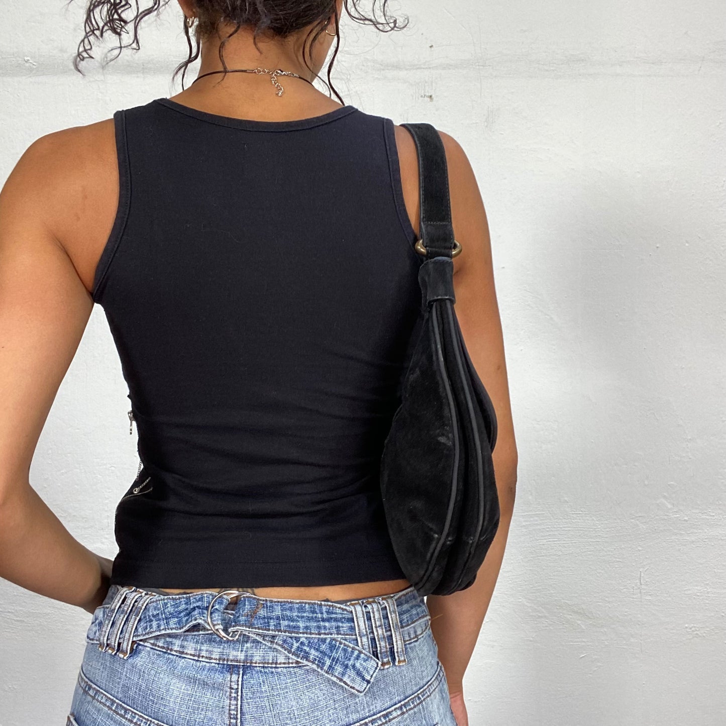 Vintage 2000's Gothic Black Tank Top with Zip and Chain Details (S)