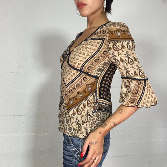 Vintage 90's Boho Brown Blouse Top with Mixed Paisley Print (S)