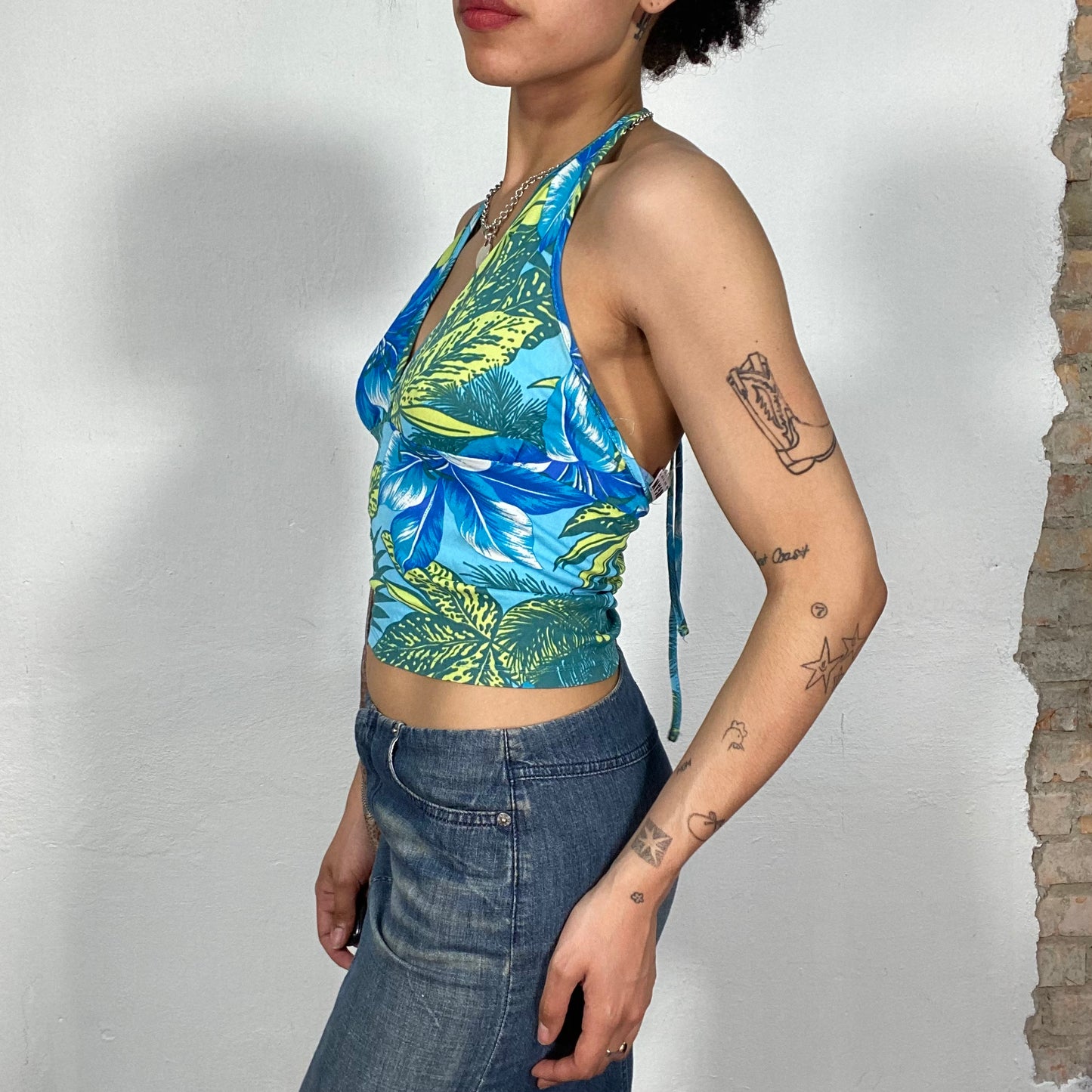 Vintage 2000's Morgan de Toi Blue Hibiscus Print Halter Neck Top (S)