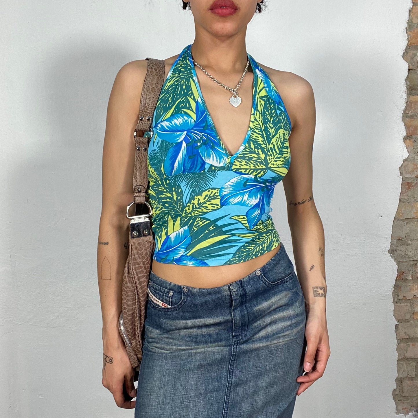 Vintage 2000's Morgan de Toi Blue Hibiscus Print Halter Neck Top (S)