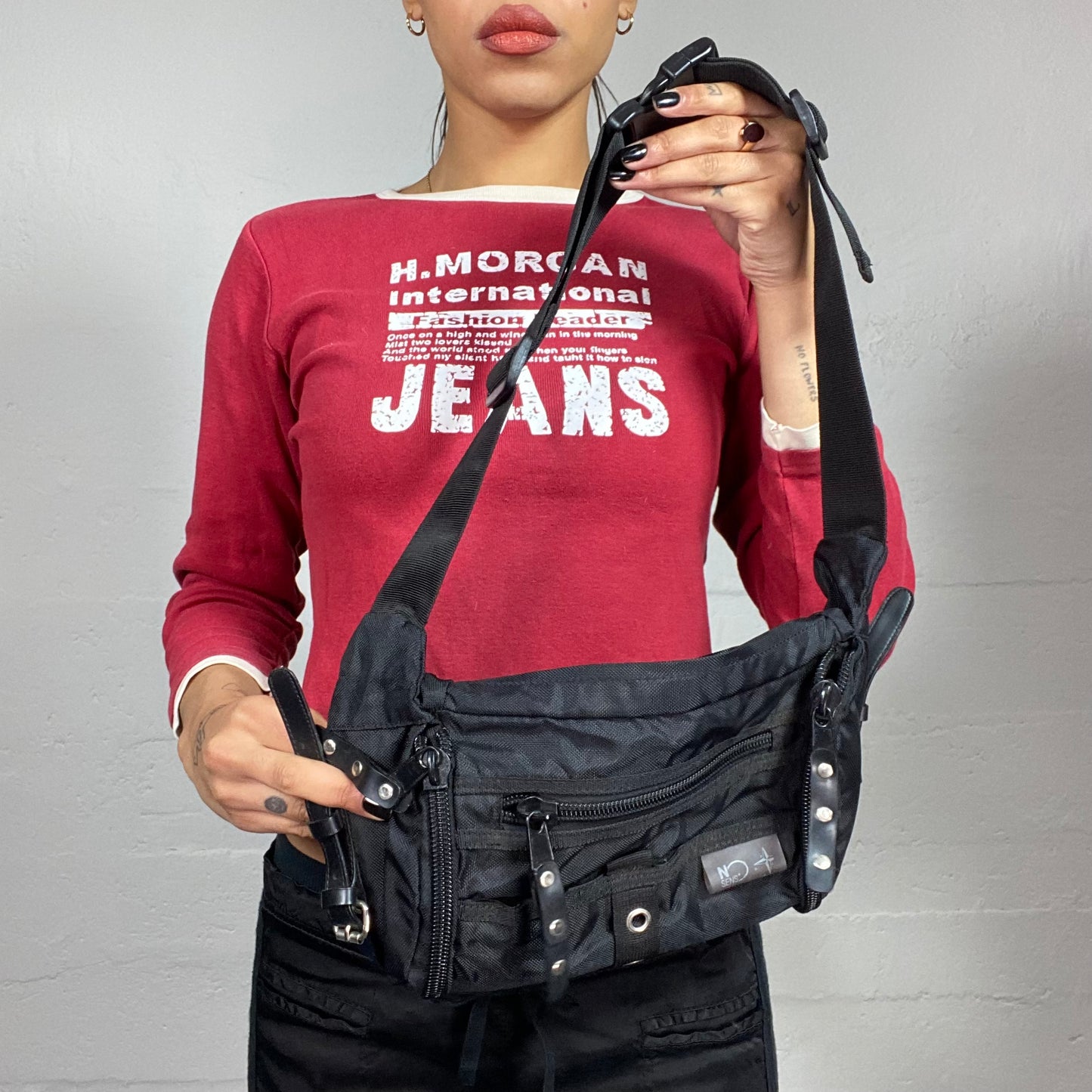 Vintage 2000's Rave Black Nylon Shoulder Bag with Studs Detail