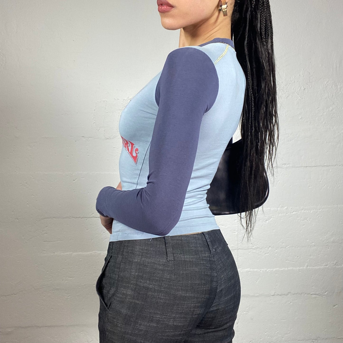 Vintage 2000's Phard Girl Blue Top with Contrast Longsleeves with Patched "38" Detail (S)