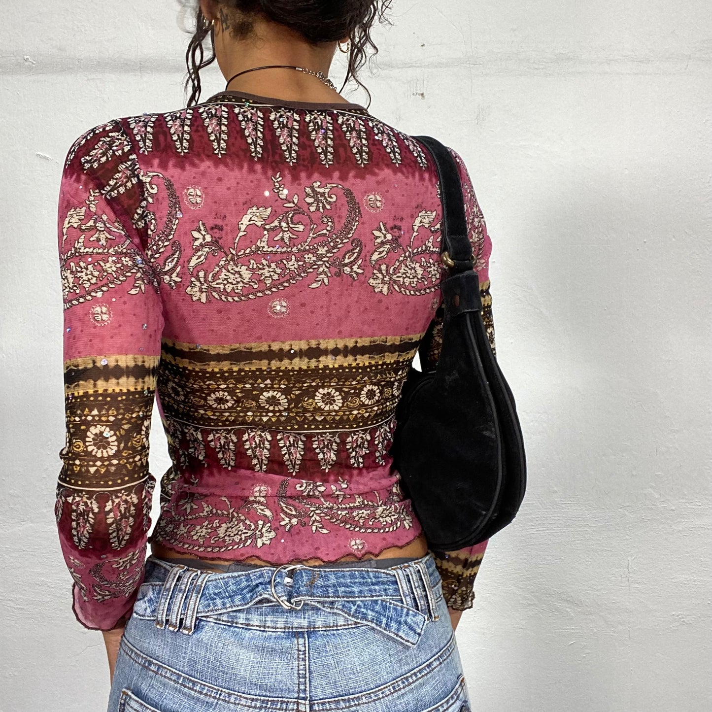 Vintage 90's Boho Brown Mesh Longsleeve Top with Paisley Print (S)