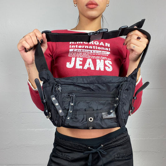 Vintage 2000's Rave Black Nylon Shoulder Bag with Studs Detail