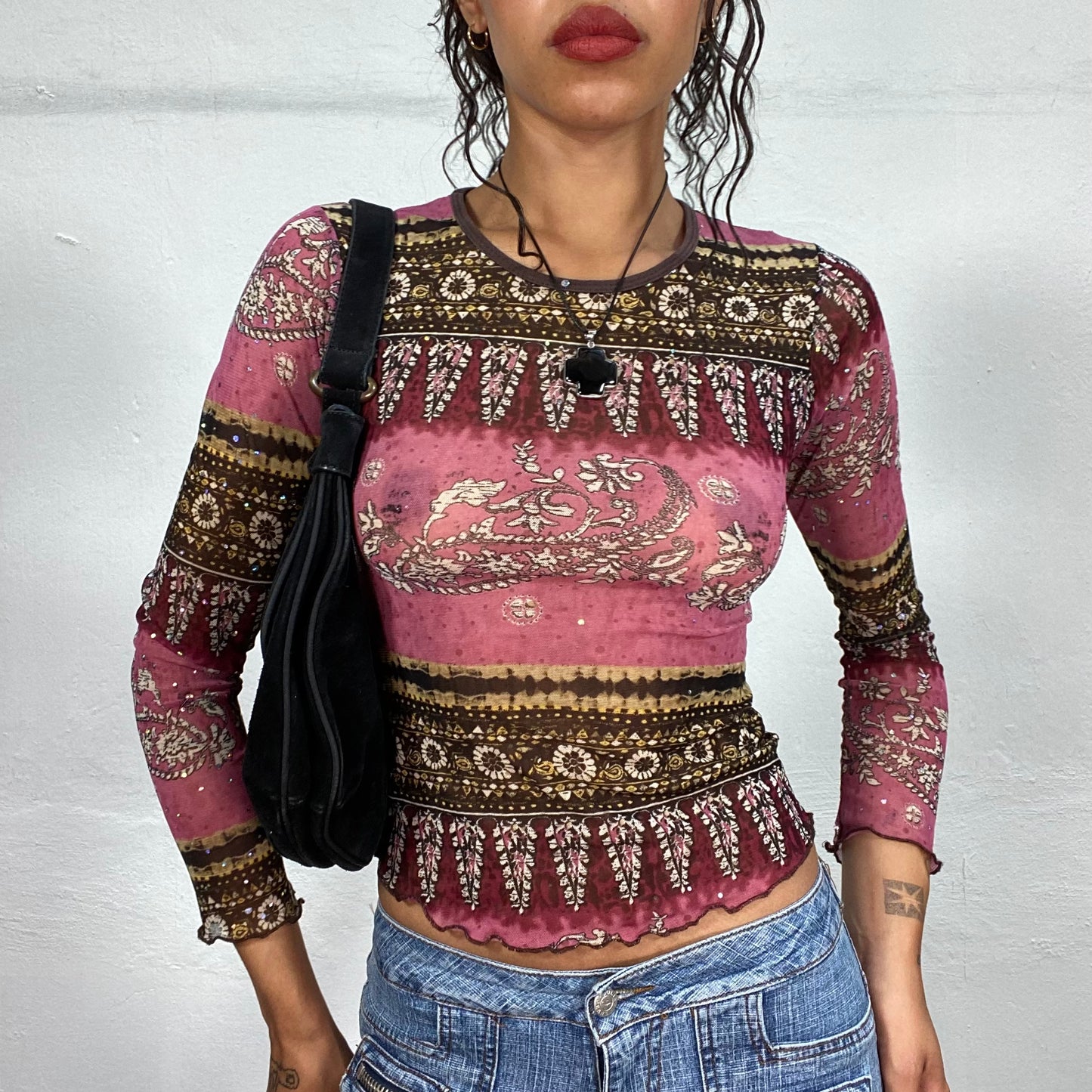 Vintage 90's Boho Brown Mesh Longsleeve Top with Paisley Print (S)