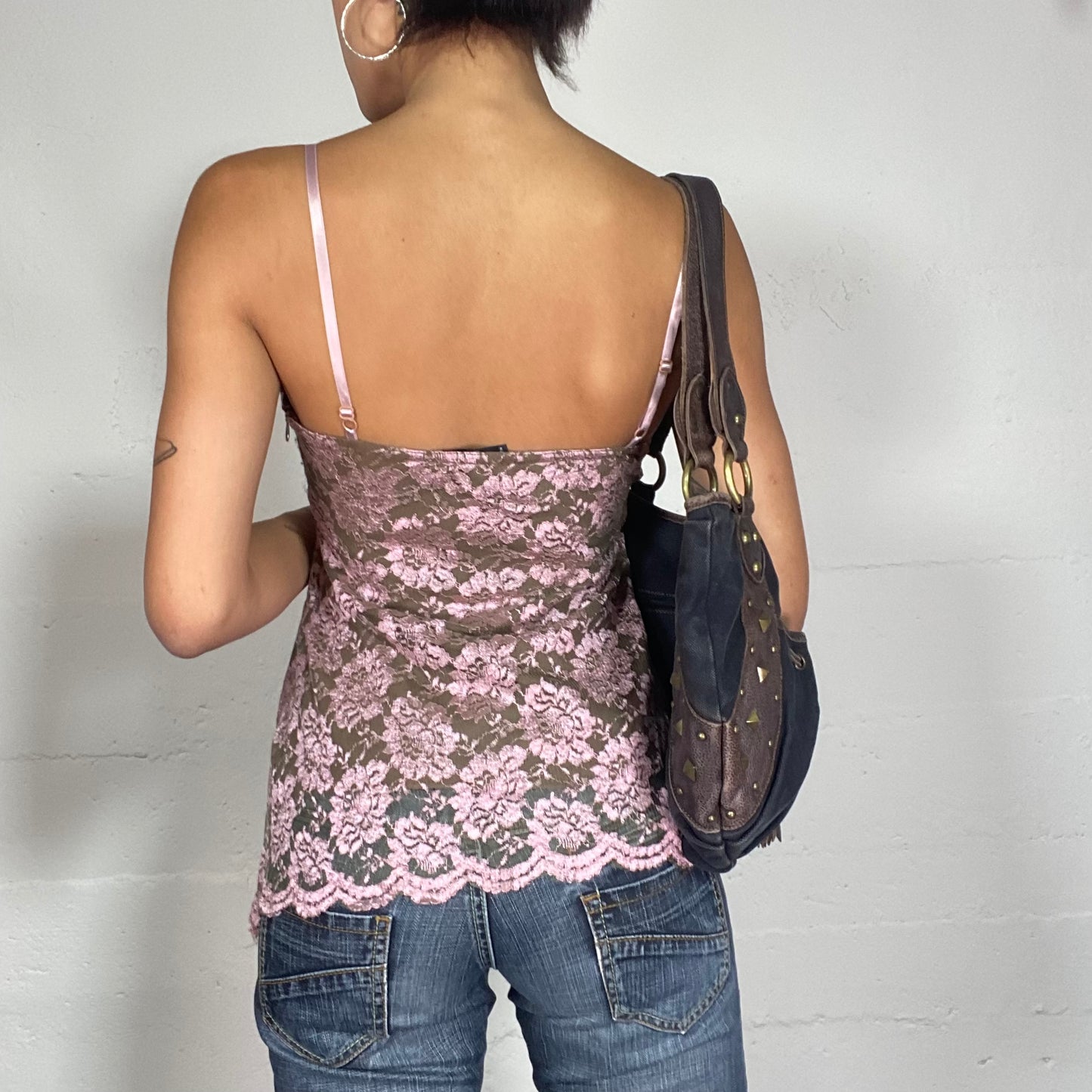 Vintage 2000's Coquette Pastel Pink Lace Top with Ribbon to tie (S)
