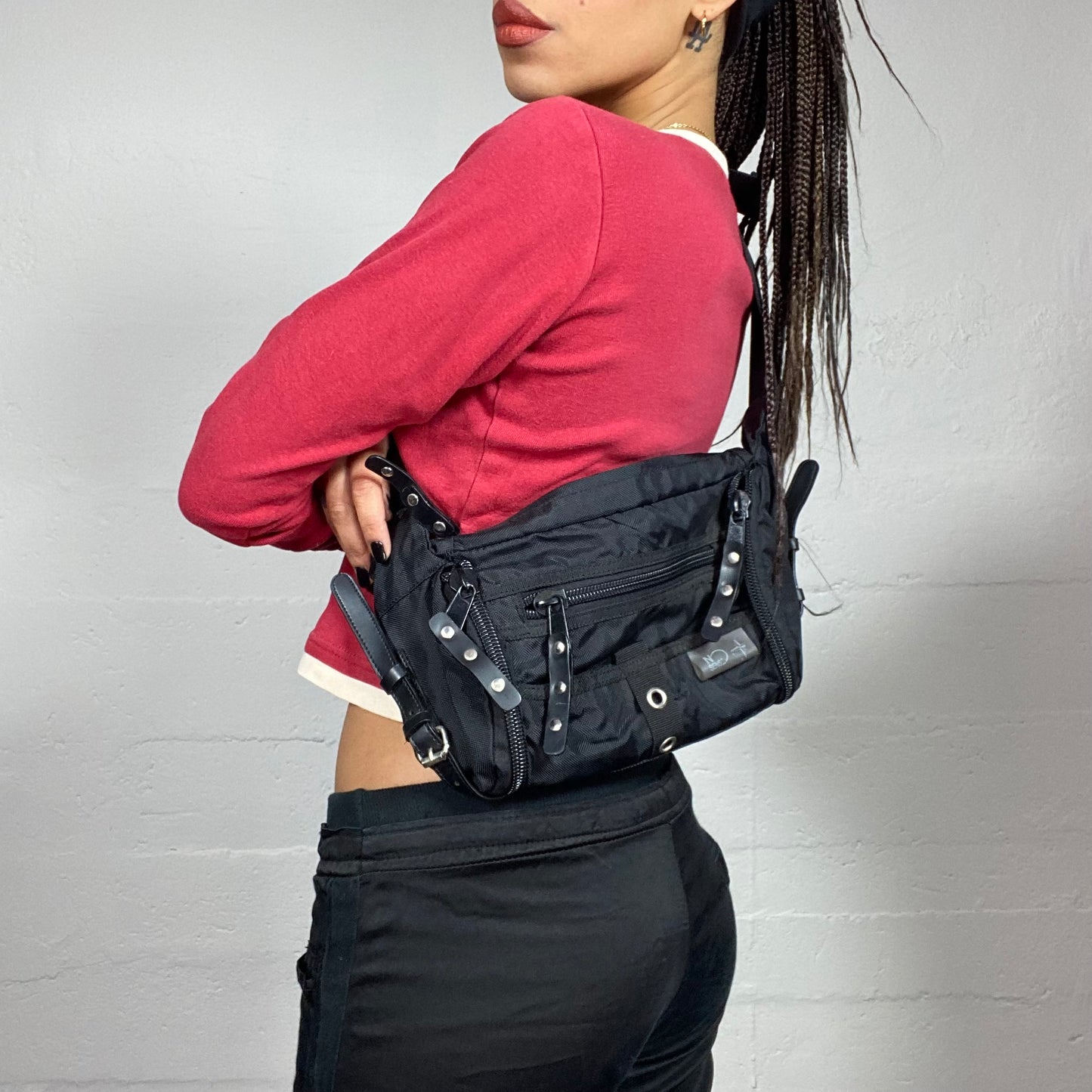 Vintage 2000's Rave Black Nylon Shoulder Bag with Studs Detail